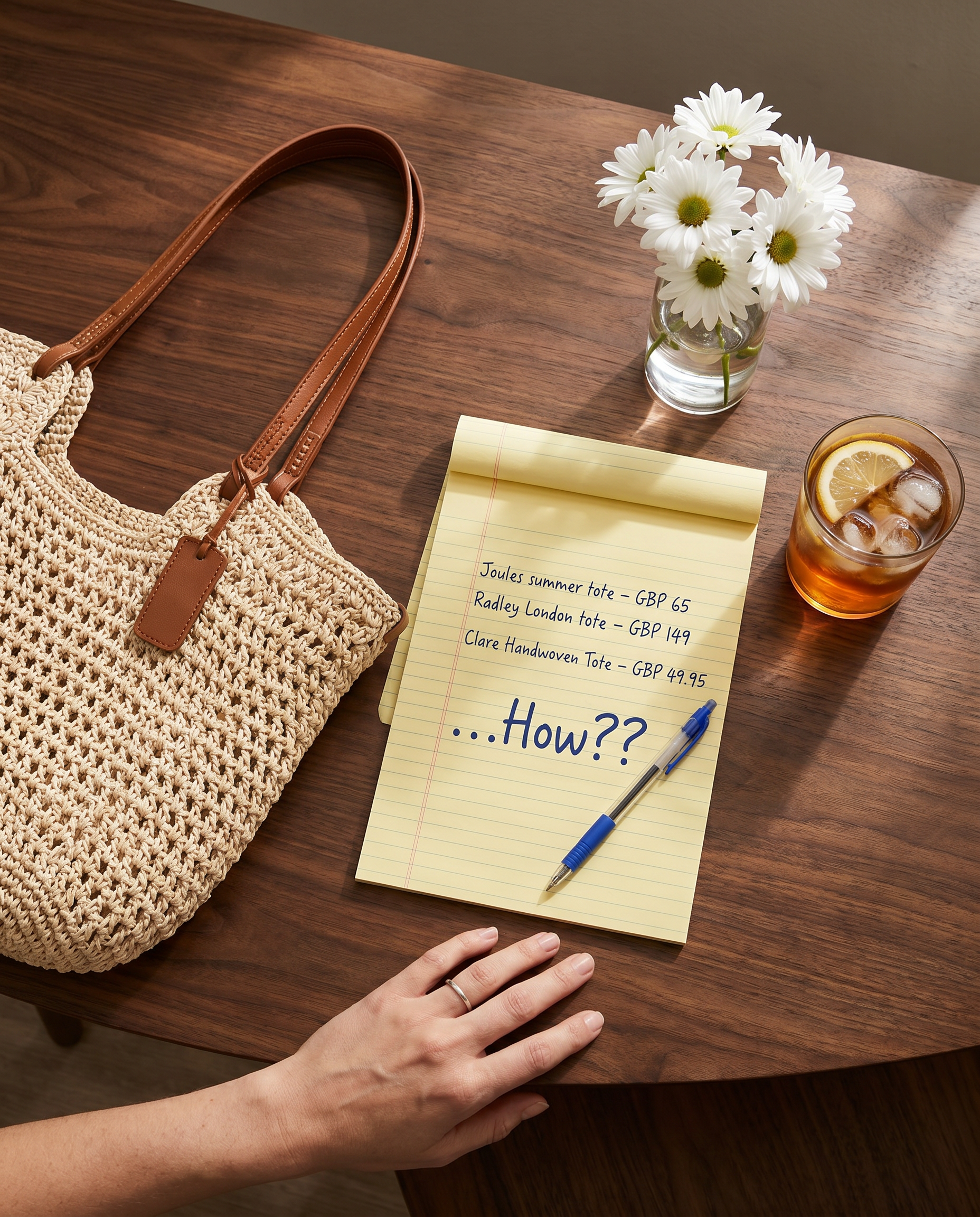 The Clare tote beside a handwritten price note