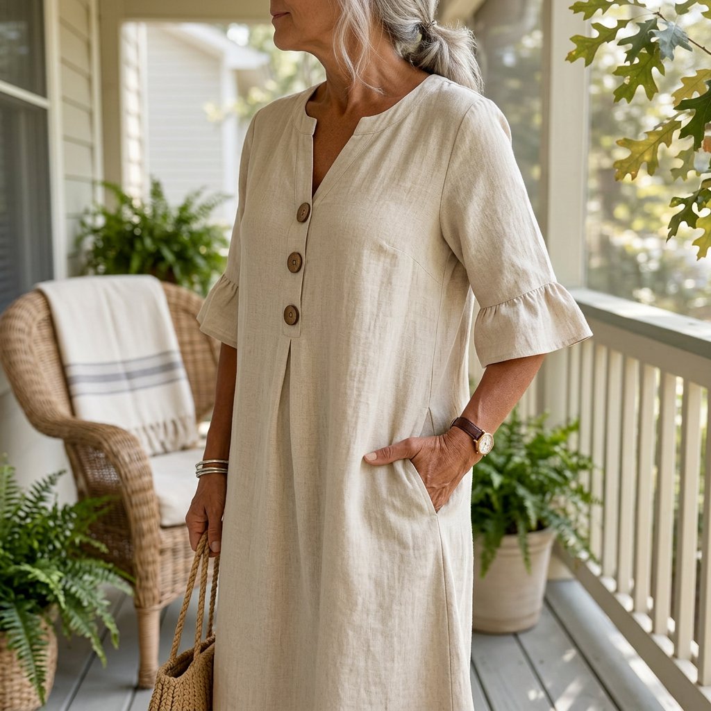 The Eleanor dress with a hand resting in the deep side pocket