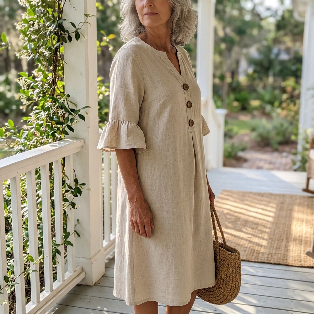 The Eleanor's elbow-length ruffle sleeves covering the upper arms