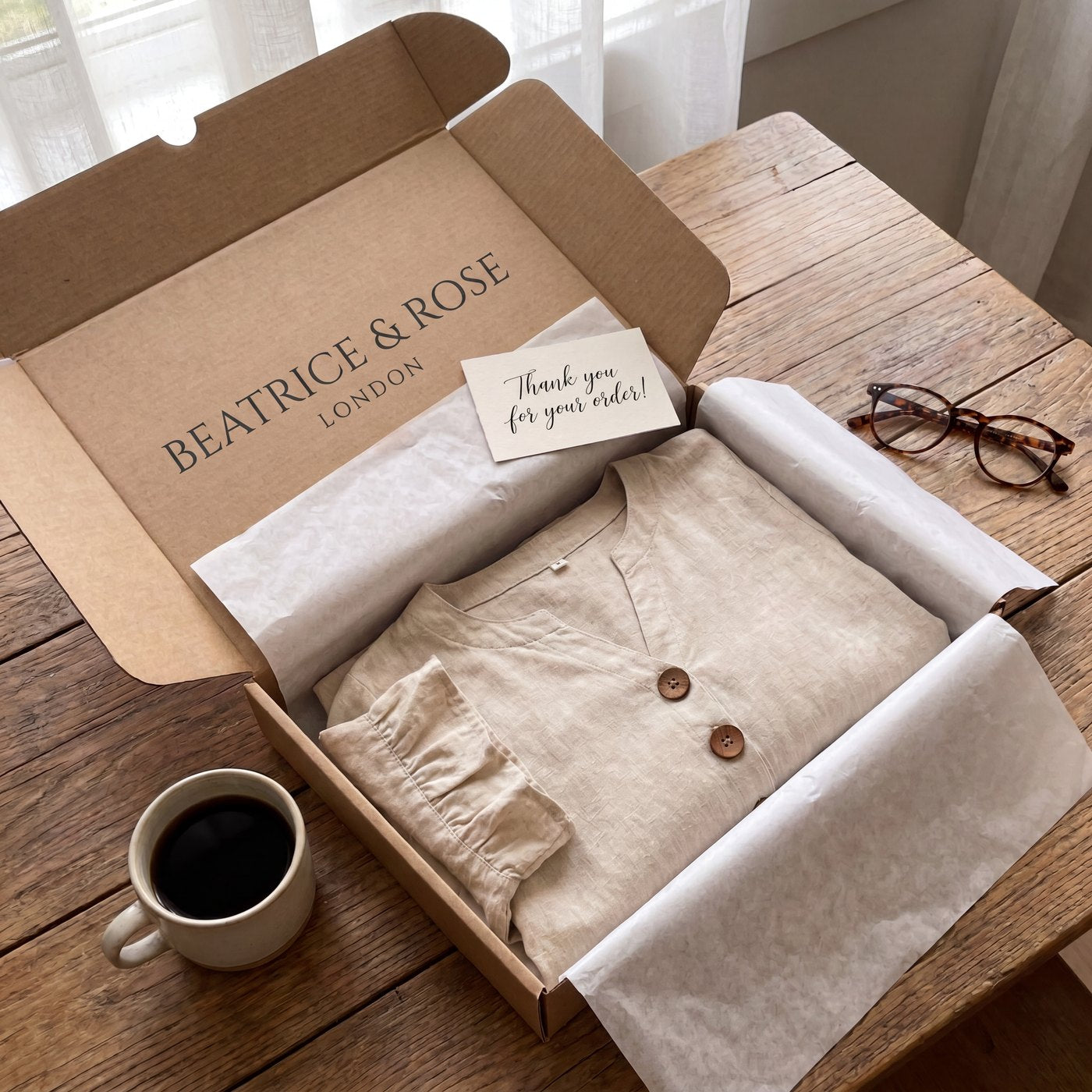 The Eleanor arriving in a kraft-paper parcel with a handwritten note