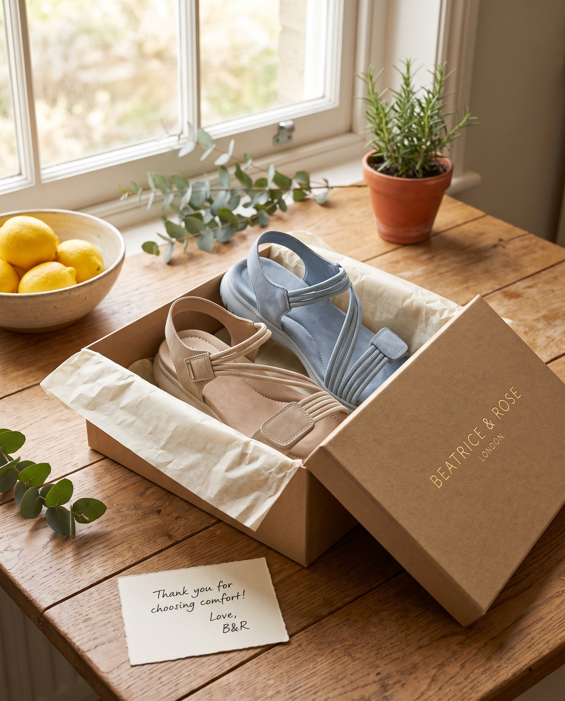 The Beatrice and Rose sandals arriving in a kraft gift box