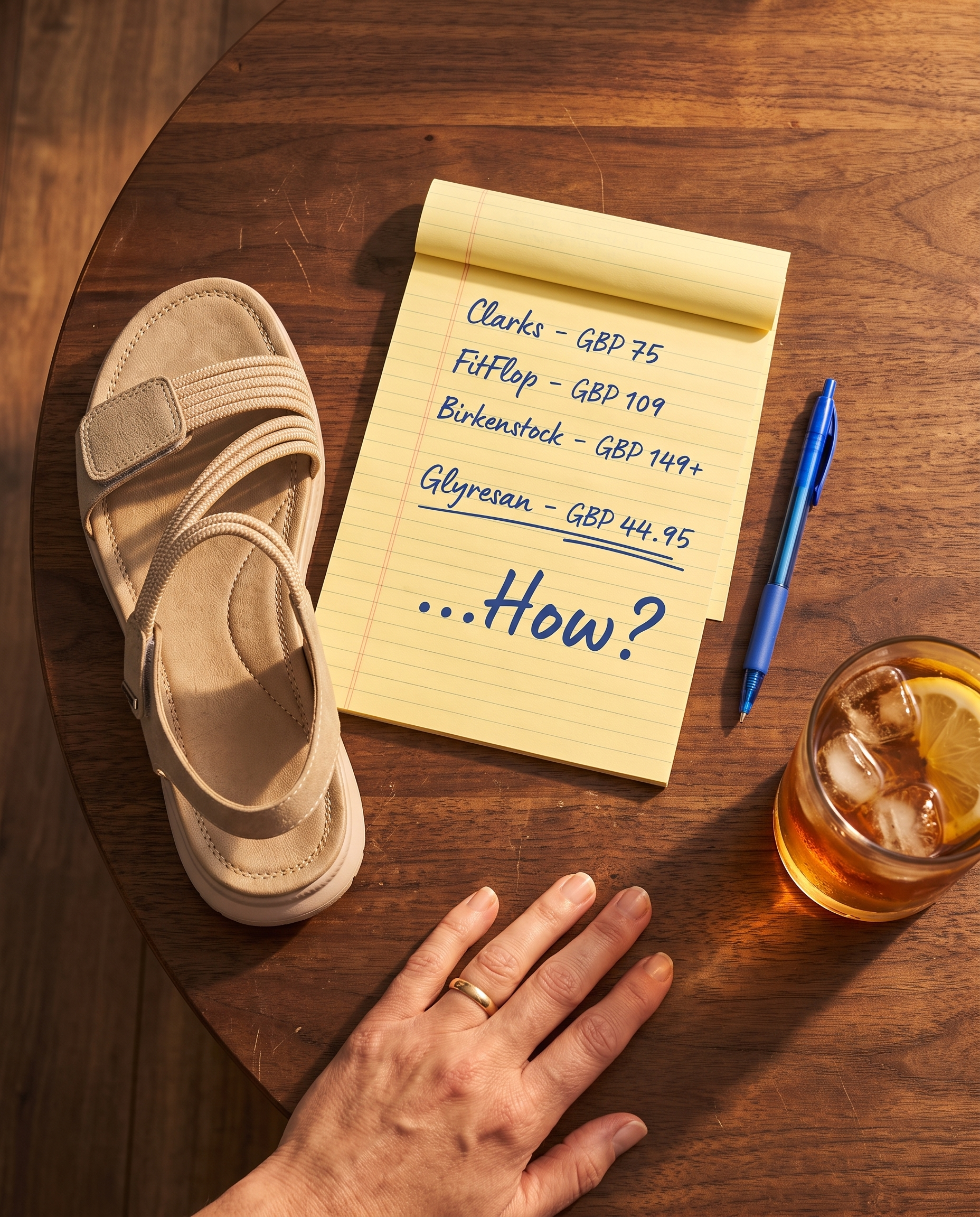A handwritten note comparing sandal prices next to the Glyresan