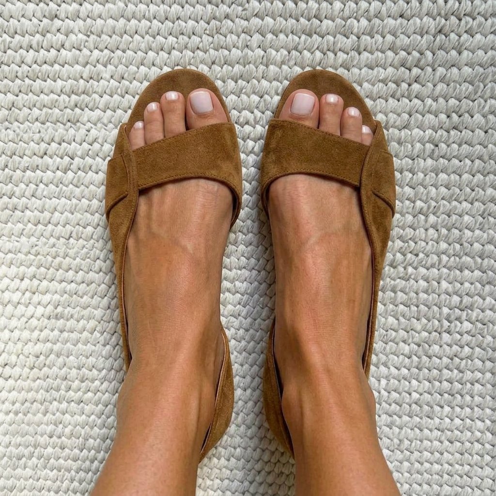 Top-down view of the Grace sandals showing the open sides and soft cross-strap
