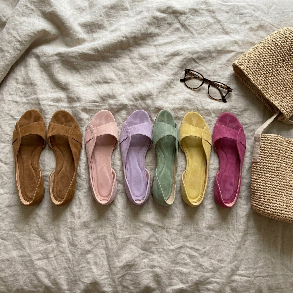 The Grace sandals in six colors laid out in a row