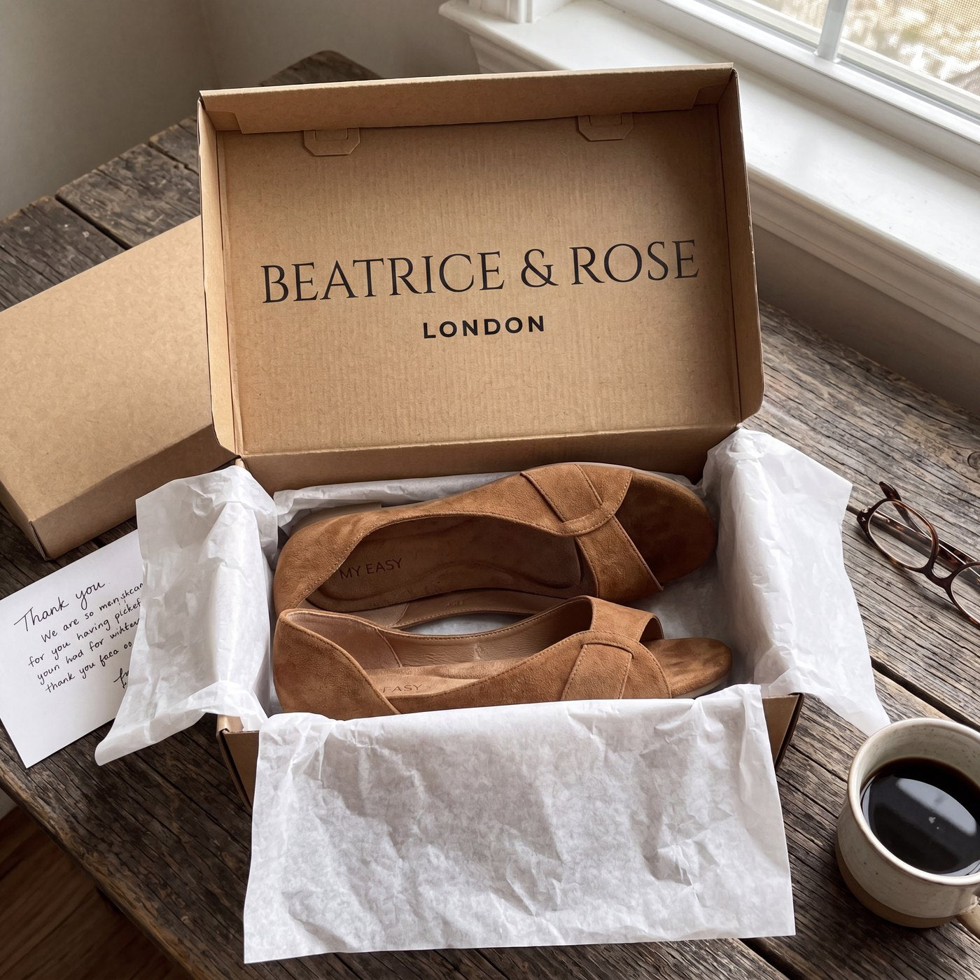 The Grace sandals arriving in a kraft-paper box with a handwritten note