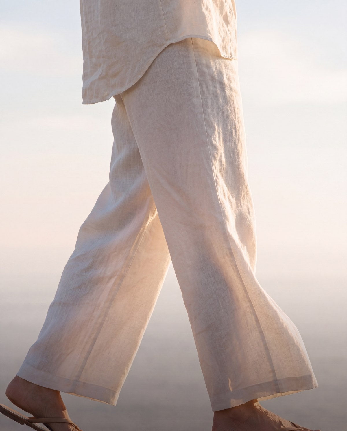 A relaxed wide linen leg in gentle movement