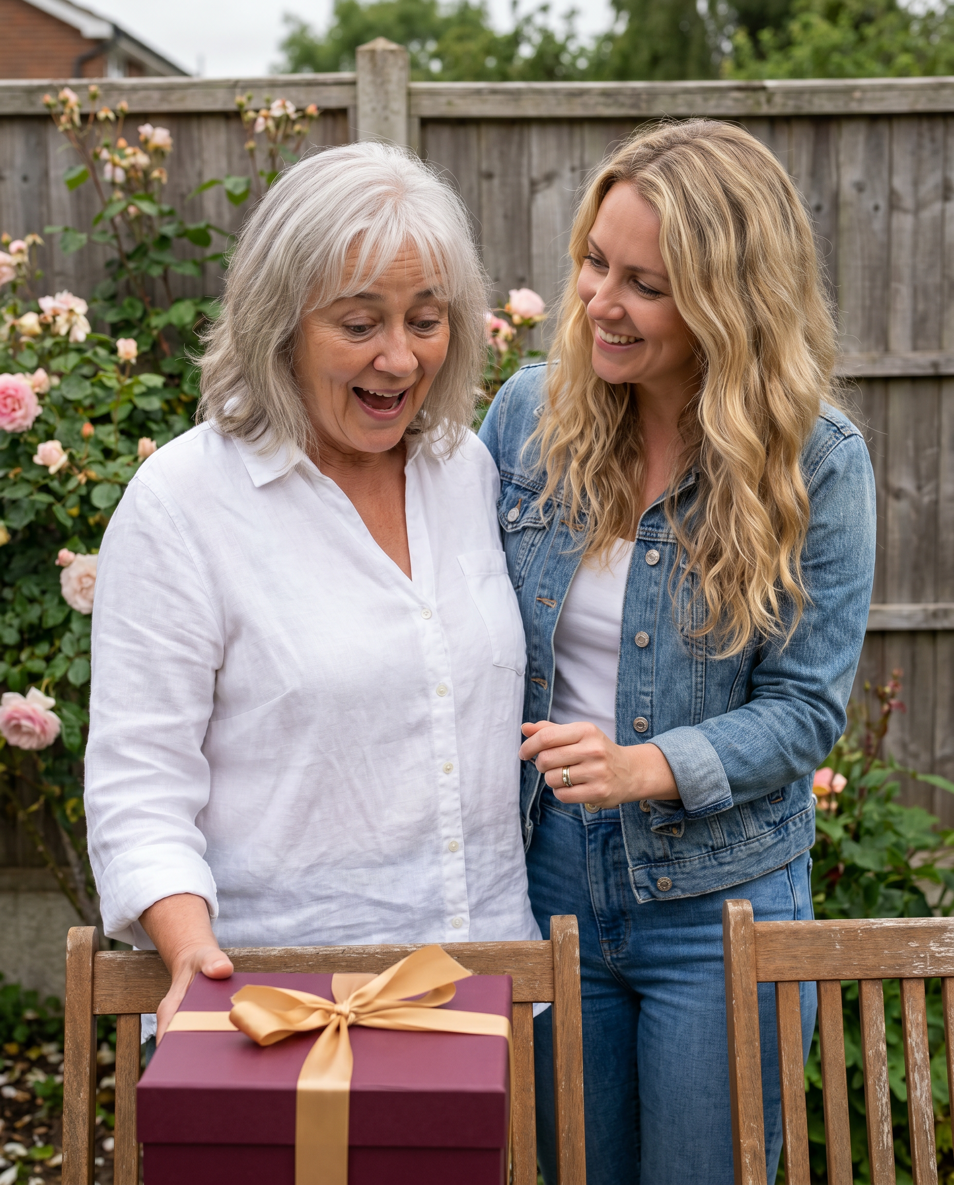 Maggie opening her birthday gift with her daughter Emma in the garden