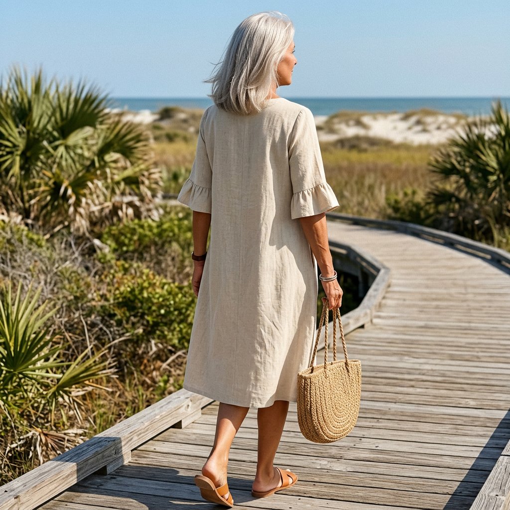 Woman wearing the Eleanor linen button dress in beige