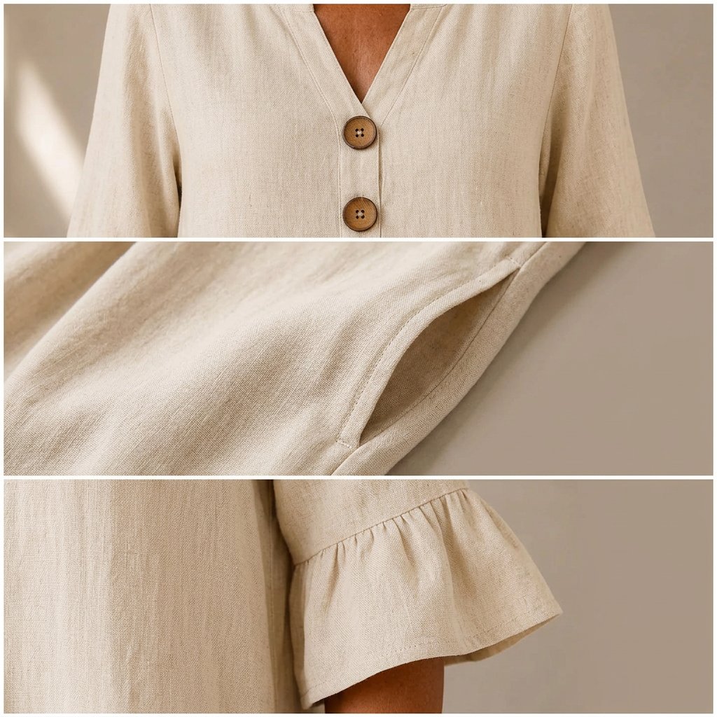 Close-up of the Eleanor's wooden buttons, pocket and ruffle sleeve